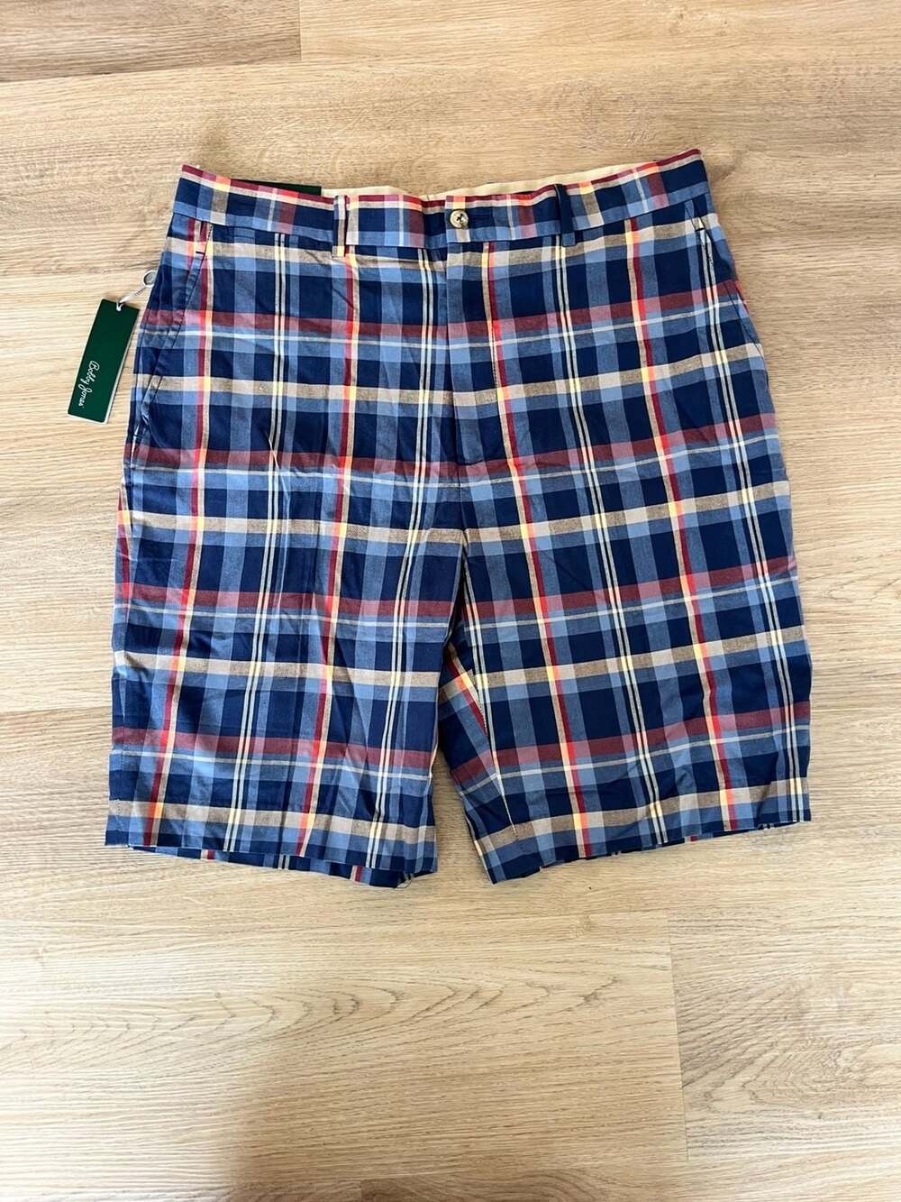 NEW Bobby Jones, Old School Men's Golf Shorts, Plaid Flat Front, Navy, 36